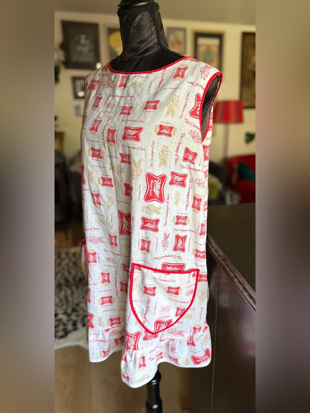 Vintage Miller Beer Print Apron Dress Pinafore  in White and Red - Picture 2 of 6